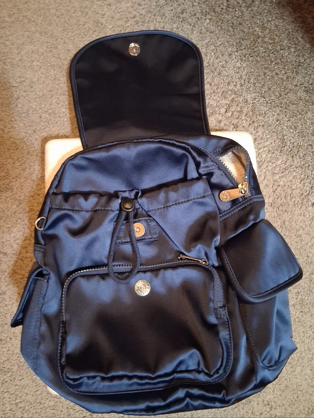 Kipling City Pack Backpack, satin navy blue nylon finish, Polished metal zippers